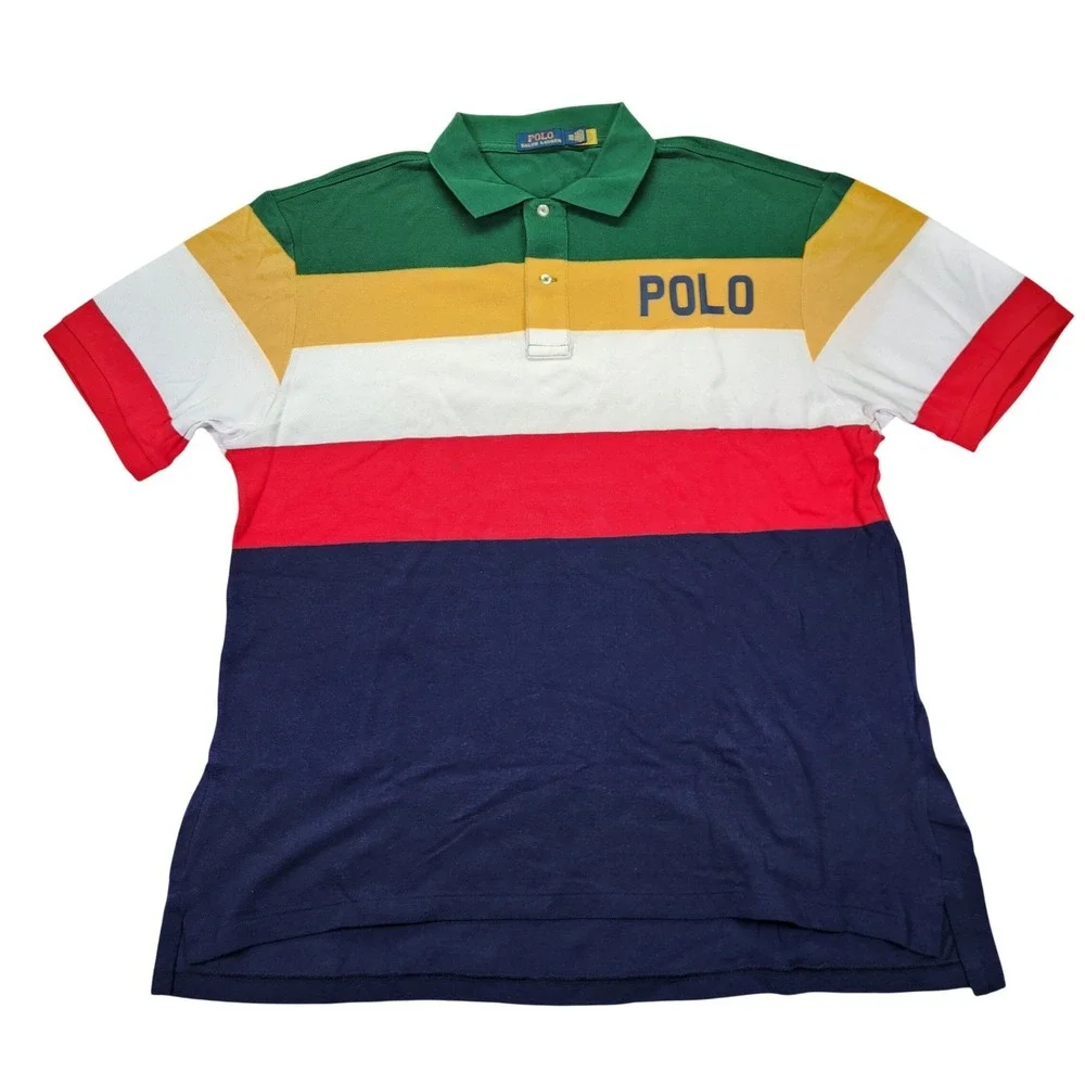 Polo Ralph Lauren Mens 1XB Big Logo Colorblock Striped Pique Polo Shirt Multi Nw